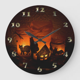 Halloween Black Cat with Luminaries and Bats Large Clock