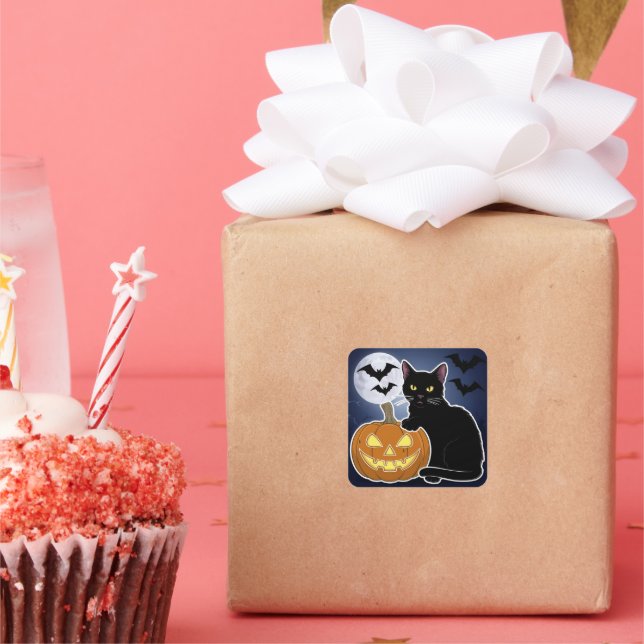 halloween black cat with pumpkin square sticker (Party)