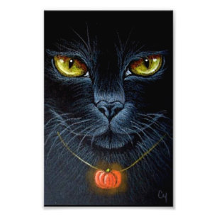 HALLOWEEN BLACK CAT WITH PUMPKING PENDANT 4" X 6" PHOTO PRINT