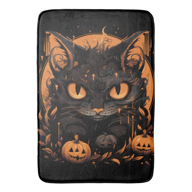 Halloween Black Cat with Pumpkins and Moon Bath Mat (Front Vertical)