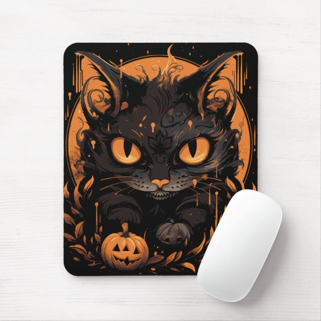 Halloween Black Cat with Pumpkins and Moon Mouse Mat (With Mouse)