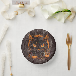 Halloween Black Cat with Pumpkins and Moon Paper Plate