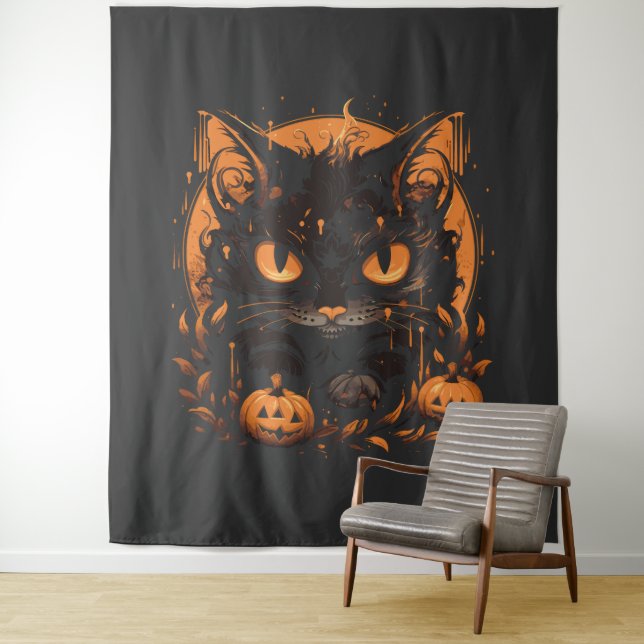 Halloween Black Cat with Pumpkins and Moon Tapestry (In Situ)