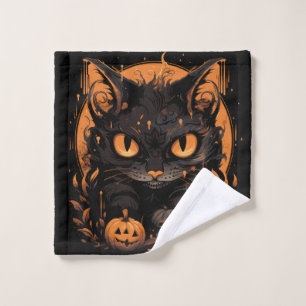 Halloween Black Cat with Pumpkins and Moon Wash Cloth