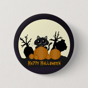 Halloween Black Cat with Pumpkins in a Graveyard 6 Cm Round Badge