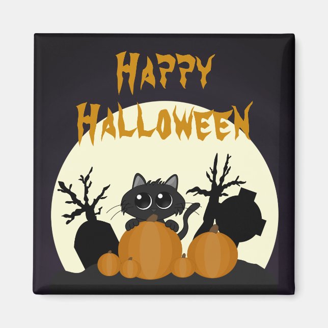 Halloween Black Cat with Pumpkins in a Graveyard Magnet (Front)