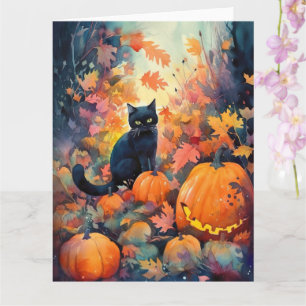 Halloween Black Cat With Pumpkins Scary Card