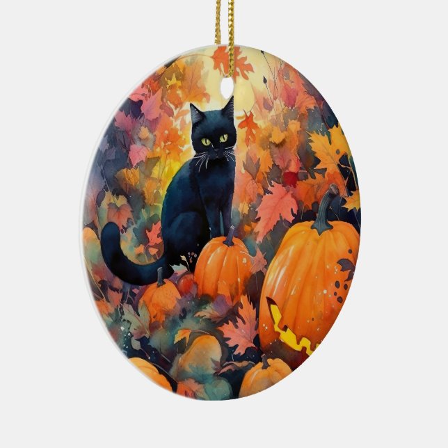 Halloween Black Cat With Pumpkins Scary Ceramic Tree Decoration (Right)