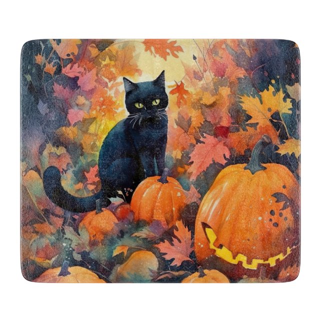 Halloween Black Cat With Pumpkins Scary Cutting Board (Front)