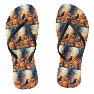 Halloween Black Cat With Pumpkins Scary Flip Flops