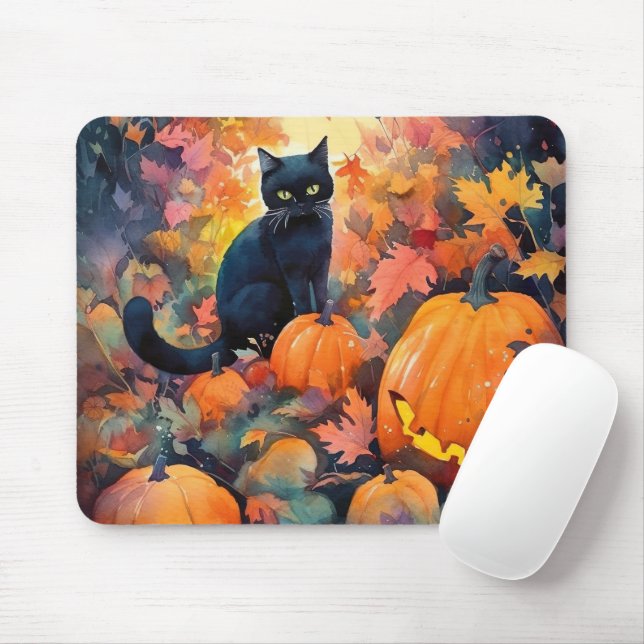 Halloween Black Cat With Pumpkins Scary Mouse Mat (With Mouse)