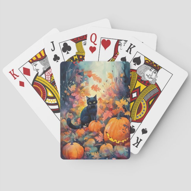 Halloween Black Cat With Pumpkins Scary Playing Cards (Back)