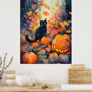 Halloween Black Cat With Pumpkins Scary Poster