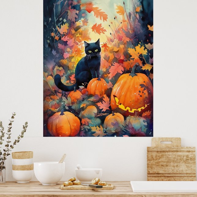 Halloween Black Cat With Pumpkins Scary Poster (Kitchen)