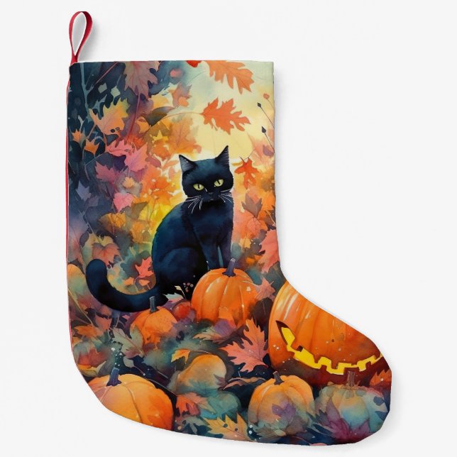 Halloween Black Cat With Pumpkins Scary Small Christmas Stocking (Front)
