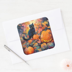 Halloween Black Cat With Pumpkins Scary Square Sticker
