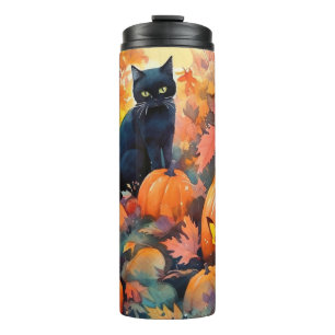 Halloween Black Cat With Pumpkins Scary Thermal Tumbler