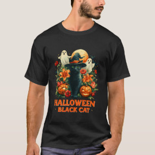 Halloween Black Cat with Witch Hat and Flowers T-Shirt