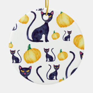 Halloween Black Cats And Orange Pumpkin Design Ceramic Tree Decoration