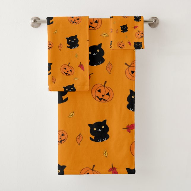 Halloween Black Cats And Pumpkins Pattern Bath Towel Set (Insitu)