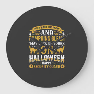 Halloween Black Cats and Pumpkins Security Guard D Large Clock