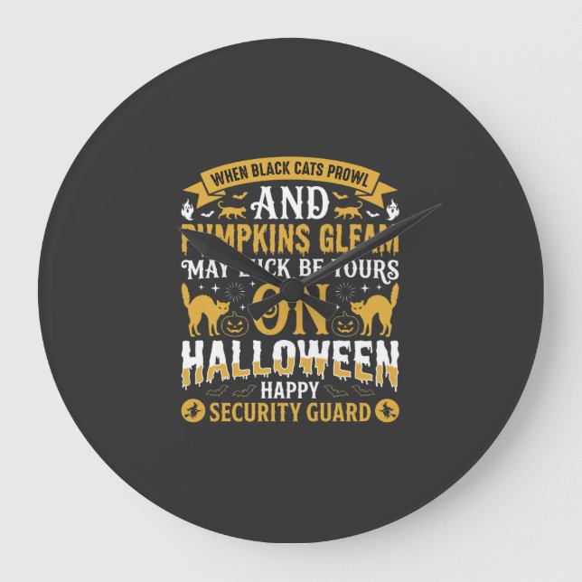 Halloween Black Cats and Pumpkins Security Guard D Large Clock (Front)