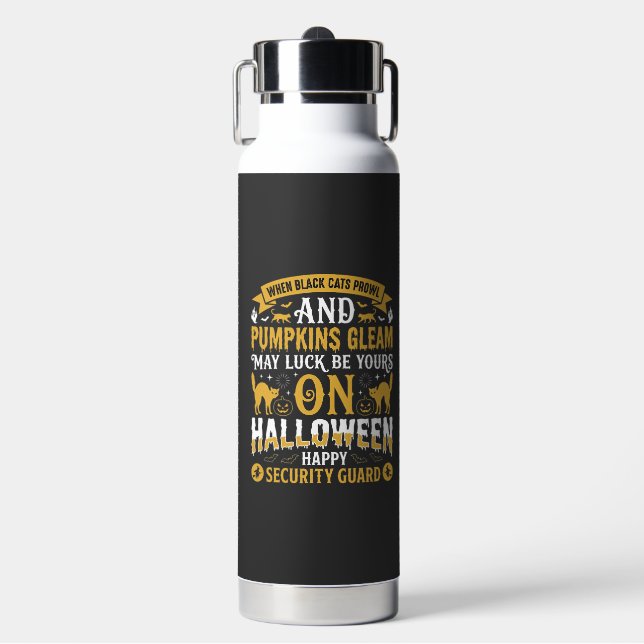 Halloween Black Cats and Pumpkins Security Guard D Water Bottle (Front)