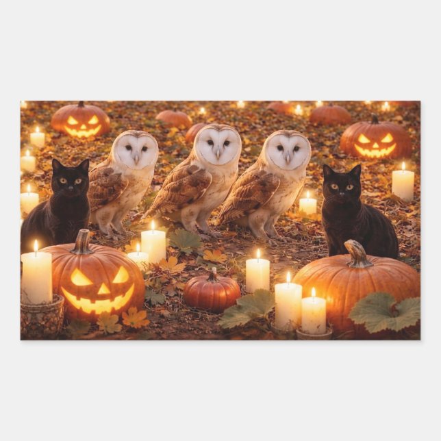Halloween Black Cats Owls Pumpkins Candles Rectangular Sticker (Front)