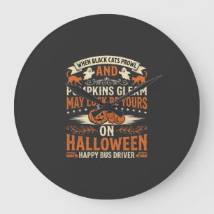 Halloween Black Cats Pumpkin Happy Bus Driver Desi Large Clock