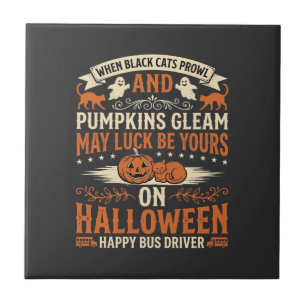 Halloween Black Cats Pumpkin Happy Bus Driver Desi Tile