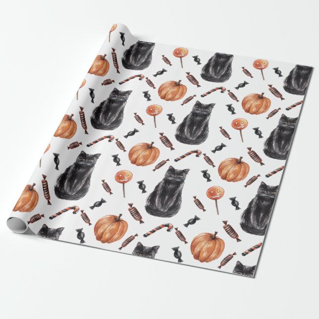 Halloween Black Cats, Pumpkins and Treats Wrapping Paper (Unrolled)