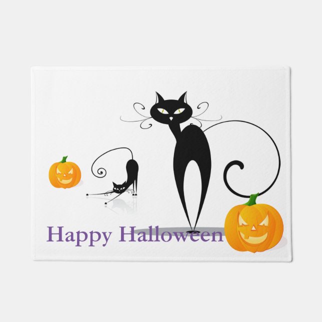 Halloween Black Cats & Pumpkins Door Mat (Front)