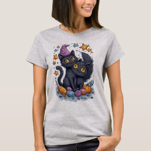 HALLOWEEN  Black Cats with Candy and Stars T-Shirt