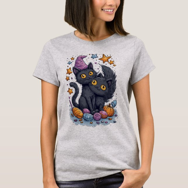  HALLOWEEN  Black Cats with Candy and Stars T-Shirt (Front)