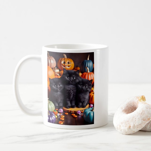 Halloween Black Cats with Pumpkins and Candy Coffee Mug (With Donut)