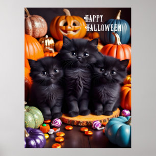 Halloween Black Cats with Pumpkins and Candy Poster