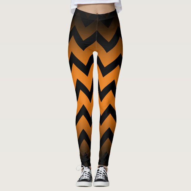 Halloween Black chevron stripes lines ombre orange Leggings (Front)
