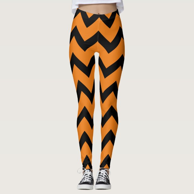 Halloween Black chevron stripes lines on orange Leggings (Front)