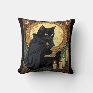 Halloween Black-Coloured Feline Reading A Book Cushion
