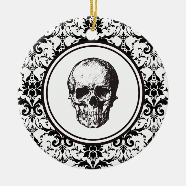HALLOWEEN Black Damask Pattern Skull Personalised Ceramic Tree Decoration (Front)