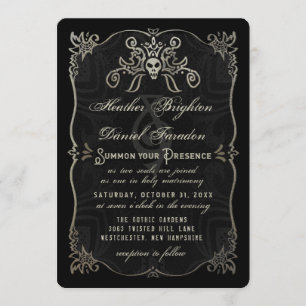 Halloween Black Gold Elegant Skull Wedding Invite