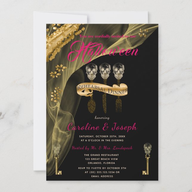 Halloween Black, Gold Skull Keys Rehearsal Dinner  Invitation (Front)