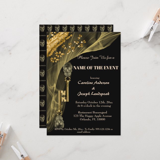 Halloween Black & Gold Spooky Skulls Custom Invita Invitation (Front/Back In Situ)
