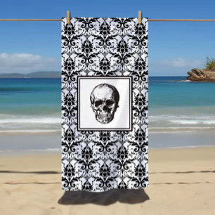 HALLOWEEN Black Gothic Damask Pattern Skull Beach Towel