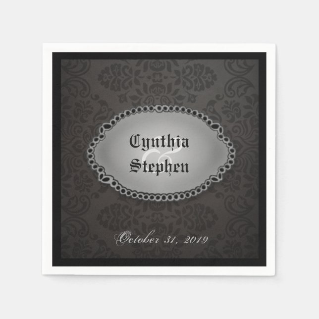 Halloween Black Gothic Names & Date Wedding Napkin (Front)