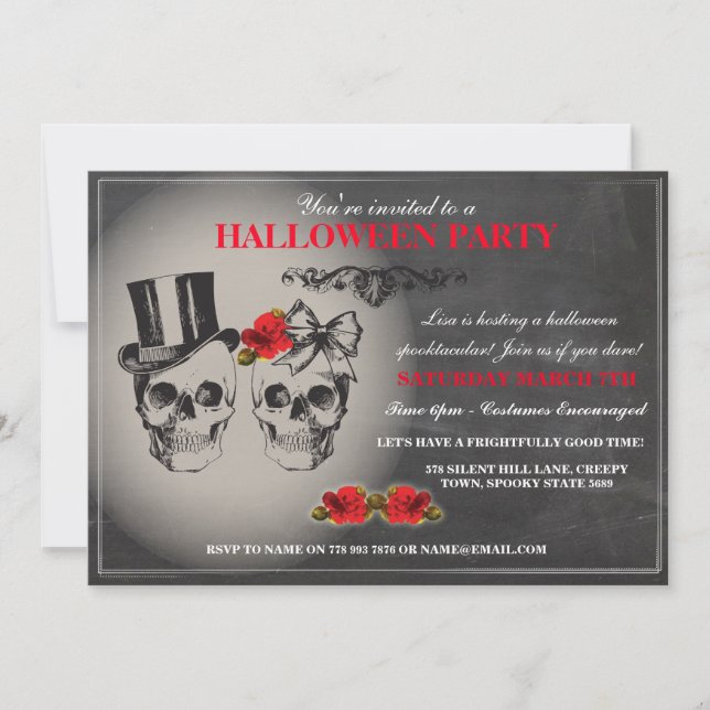 Halloween Black Gothic Skull Rose Party Invite (Front)