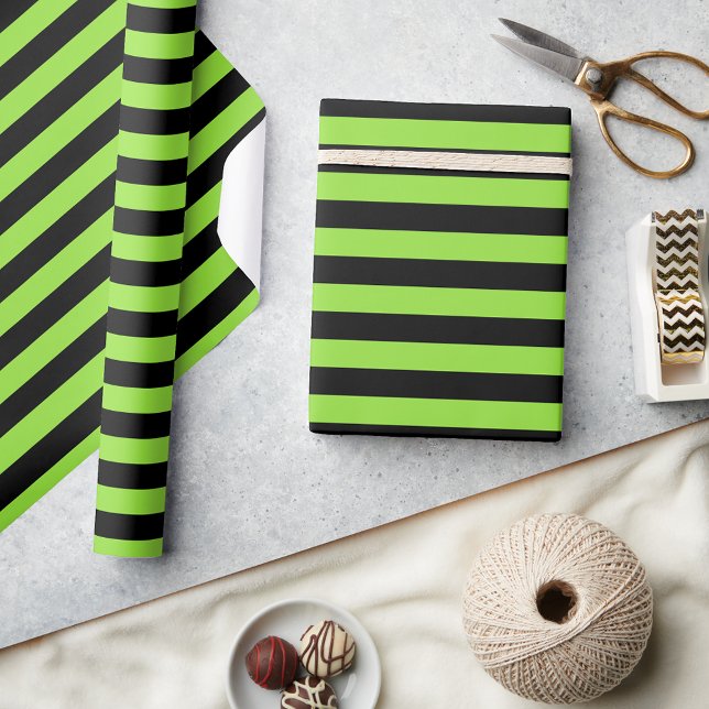 Halloween Black Green Stripes Birthday Custom Text Wrapping Paper (Halloween Black Green Stripes Birthday Custom Text Wrapping Paper)