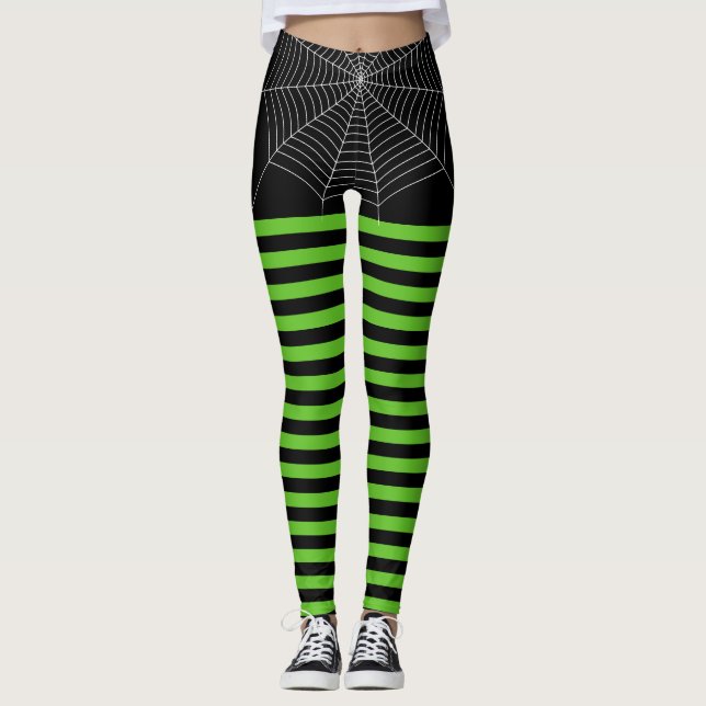 Halloween Black Green White spider web stripes Leggings (Front)