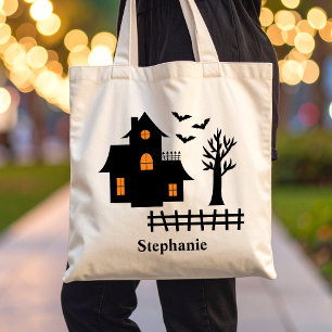 Halloween Black Haunted House Silhouette And Name Tote Bag