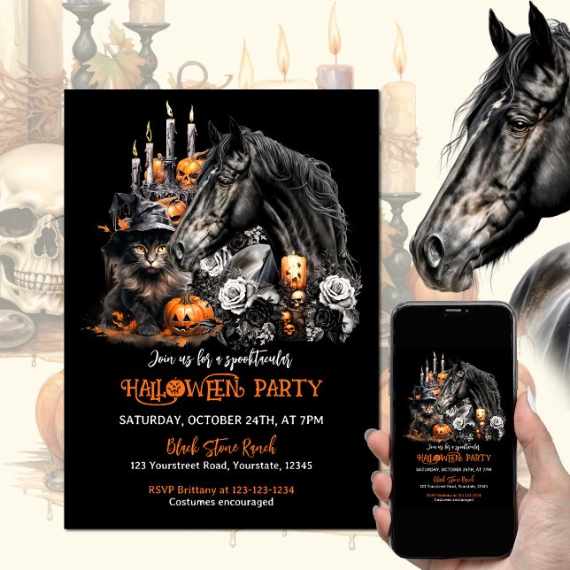 Halloween black Horse black Cat spooky Invitation (Horse lover Halloween party invitation with black horse, black cat, pumpkins, candles and black rose)